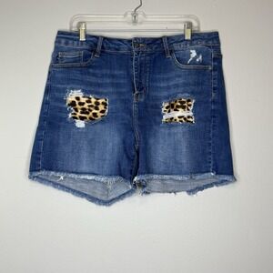 Judy Blue Women's Sz 2XL Denim Leopard Patch‎ Stretch High Rise Cut Off Shorts
